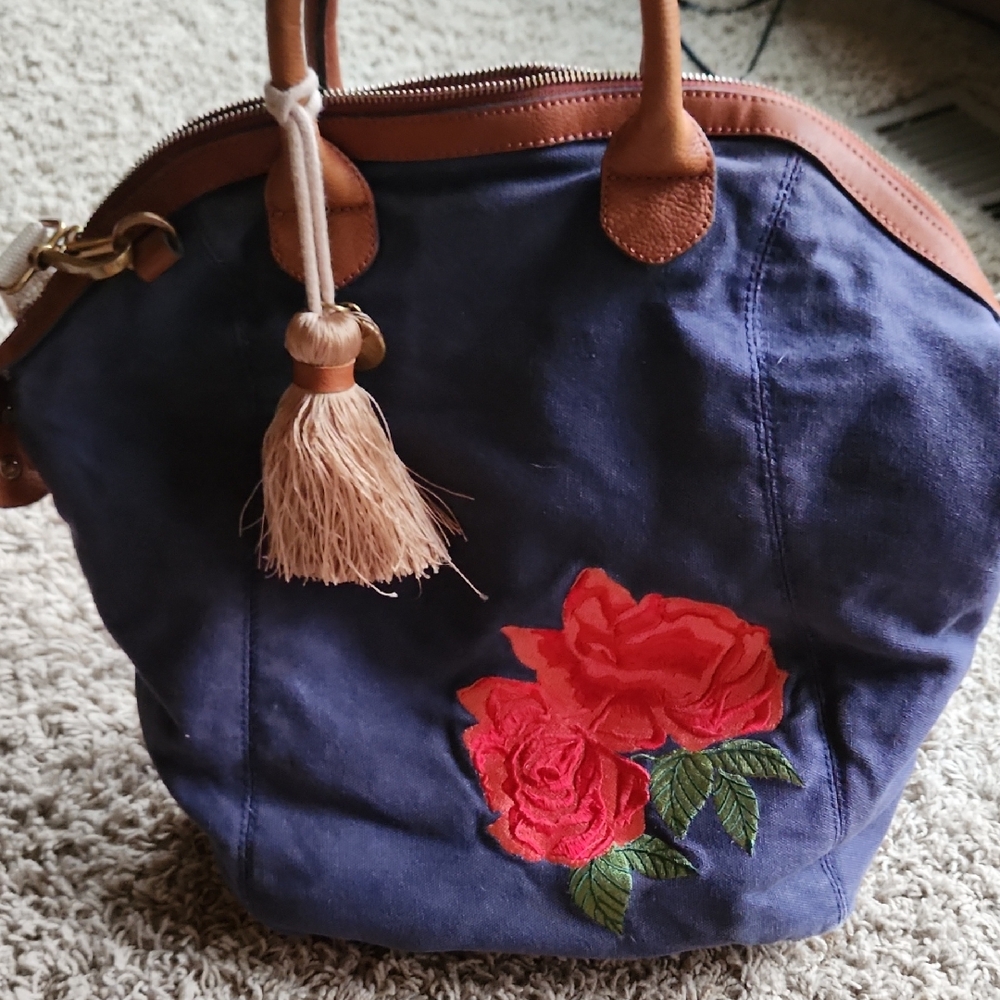 G.I.L.I Floral Embroidered Blue Canvas Tote Bag